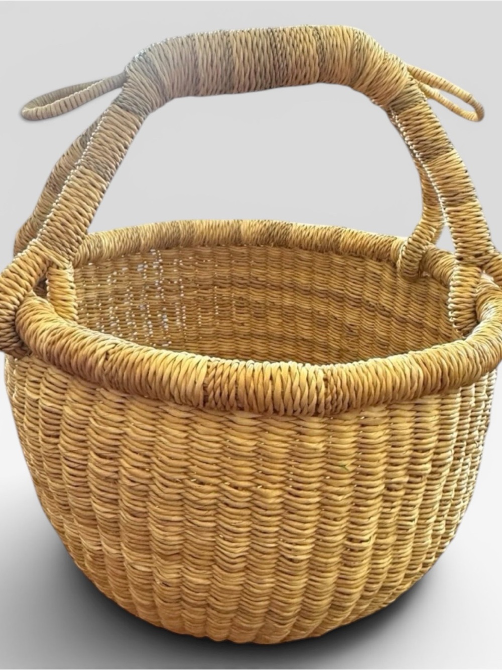 Handmade Bolga Garden Basket Ghana Elephant Grass Handle Herb Gathering 10”round